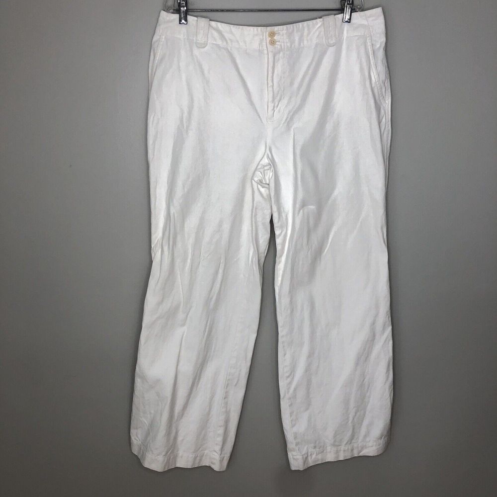 Lauren Ralph Lauren Women's 16 White Linen Blend Wide Leg Flat Front Chino Pants